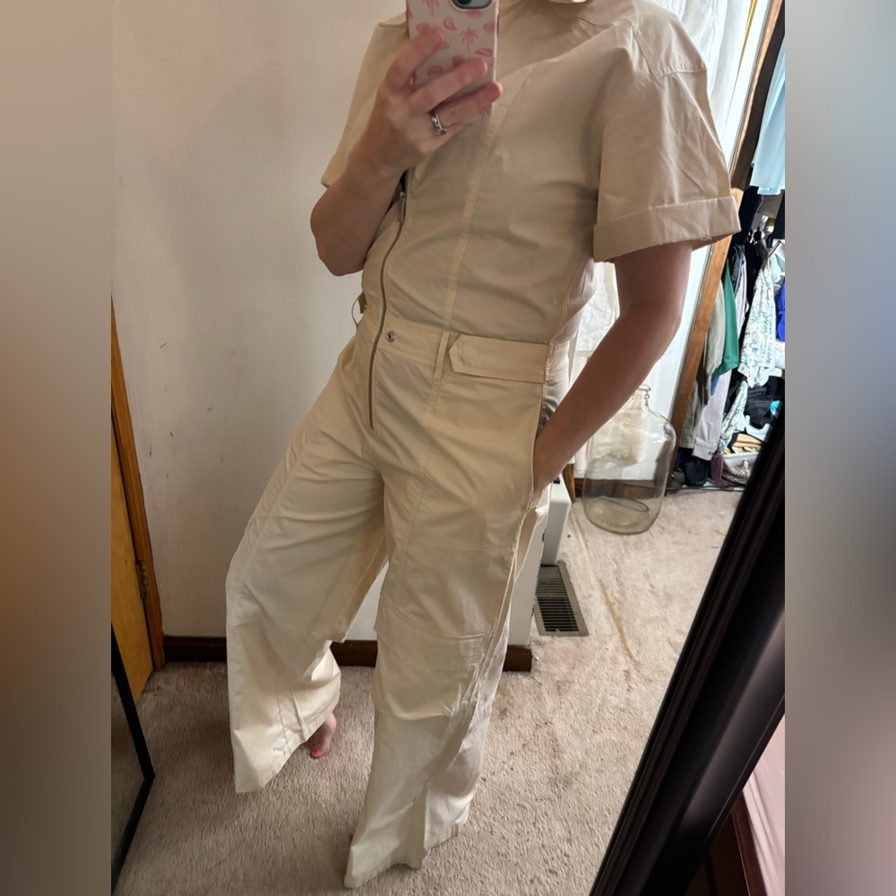 ZARA NWOT Women's Beige Cotton Cargo Utility Wide Leg Zip Jumpsuit - Picture 2 of 14